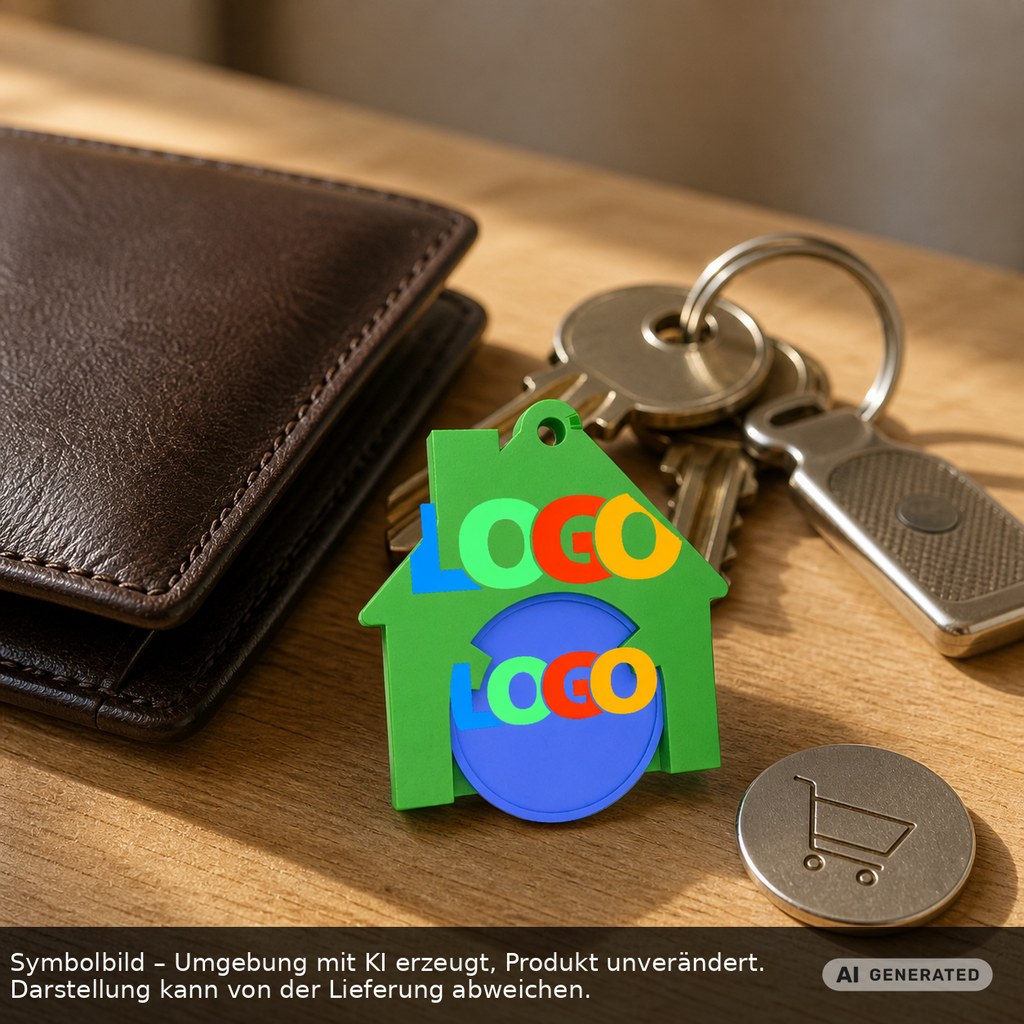 Chiphalter mit 1€-Chip "Haus" als Werbeartikel mit Logo bedrucken
