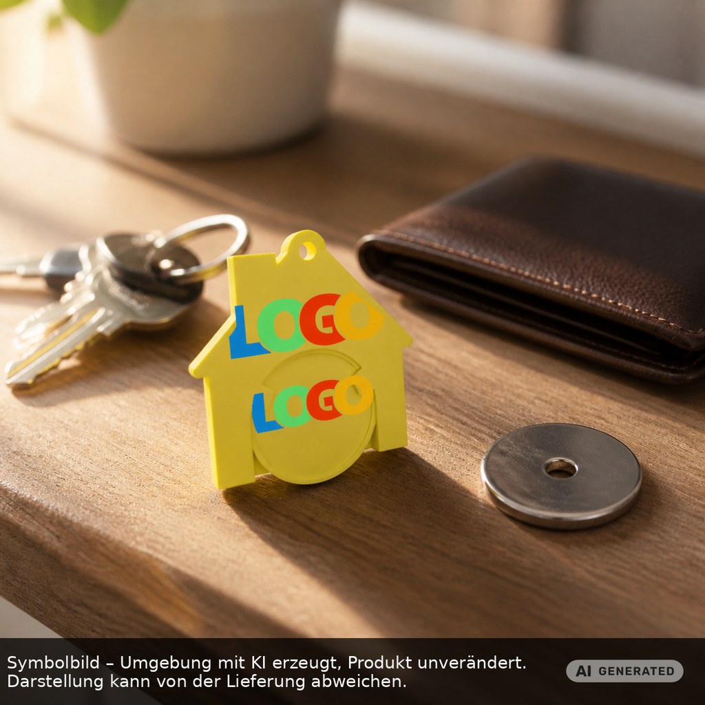 Chiphalter mit 1€-Chip "Haus" als Werbeartikel mit Logo bedrucken