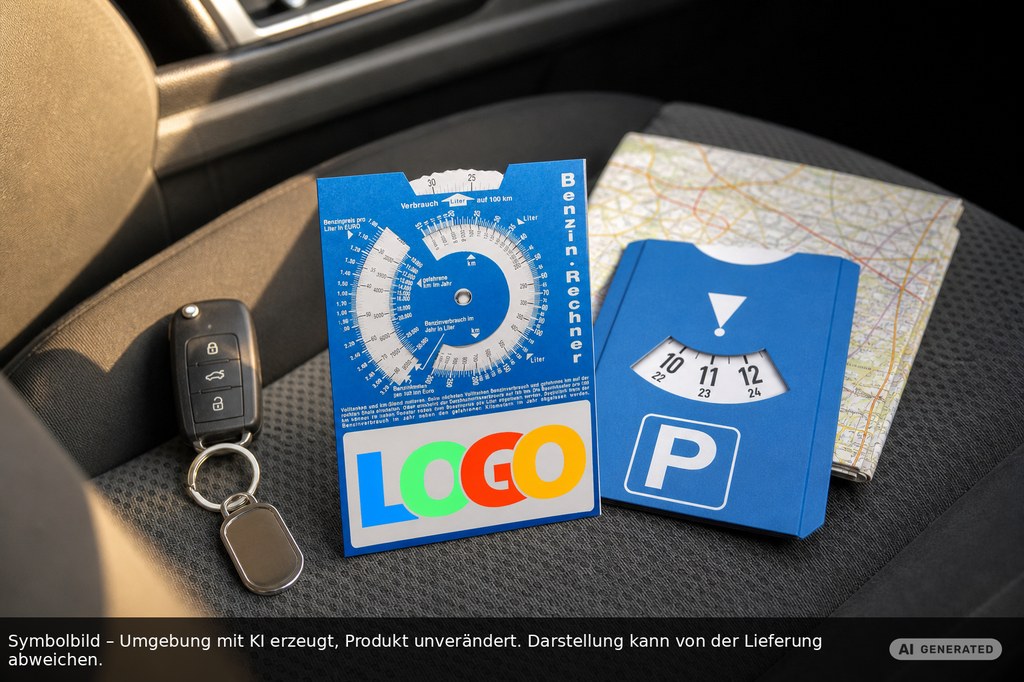 Kartonparkscheibe mit Benzinrechner als Werbeartikel mit Logo bedrucken